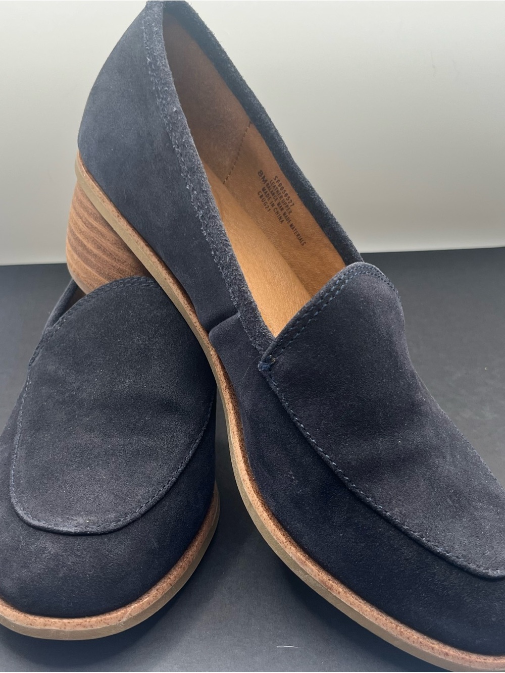 Sofft Navy Suede Loafers with Stacked Wood Heel round toe